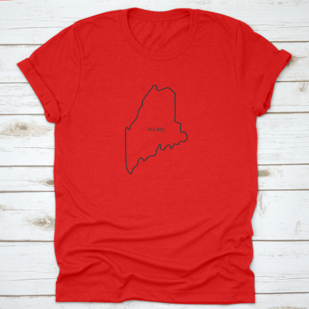 A stylish t-shirt featuring a simple typography outline of the state of Maine, made from high-quality cotton fabric.